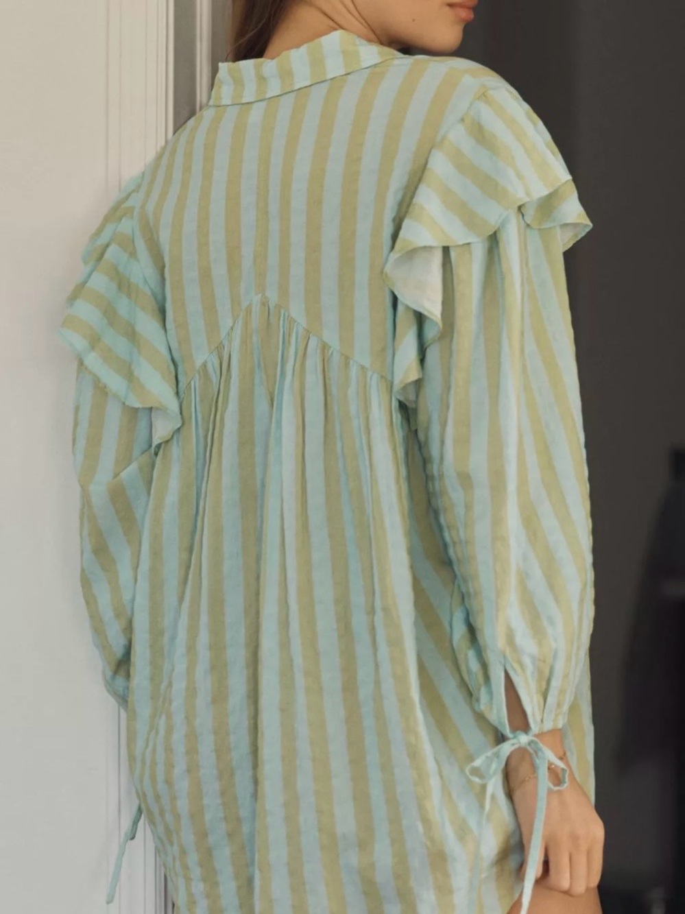 Anthropologie Light Blue and Cream Striped Mini Dress with Floral Embroidery - Picture 2 of 4